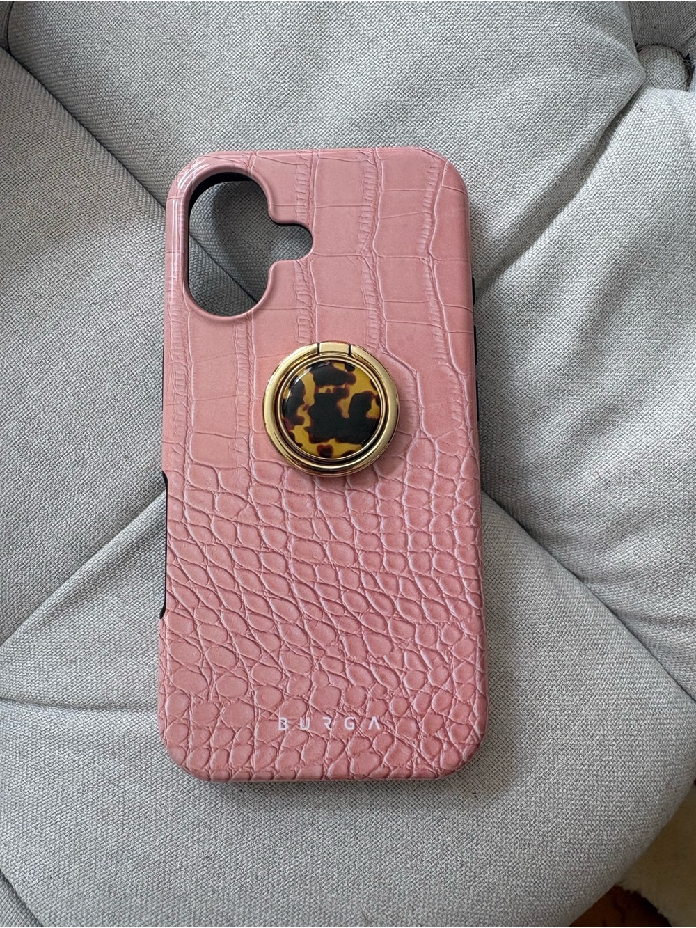 Burga Pink Croc iPhone 16 Case with Gold Tone & Tortoiseshell Ring Grip